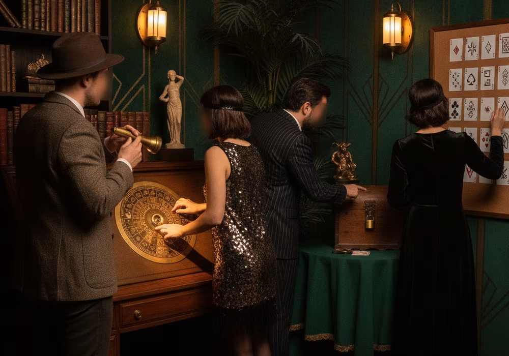 Illustration: a group of friends solving a lock puzzle together