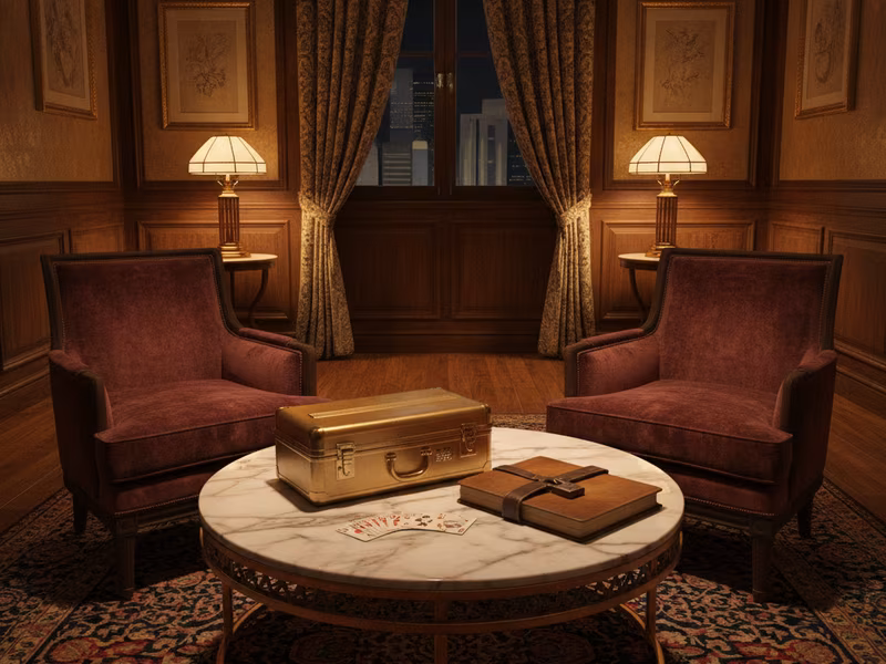 Penthouse suite with burgundy armchairs, a locked gold briefcase and a ledger