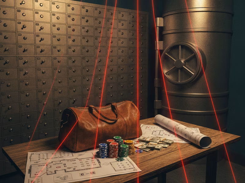 Safe deposit boxes, a vault door and a duffel bag of chips under red laser beams
